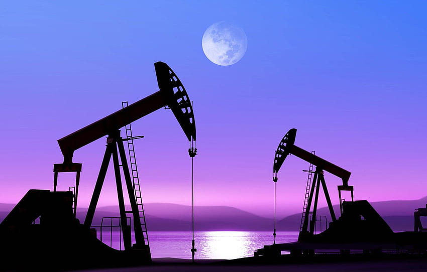 water, mountains, night, nature, the moon, shore, Oil, Oil Pump HD wallpaper