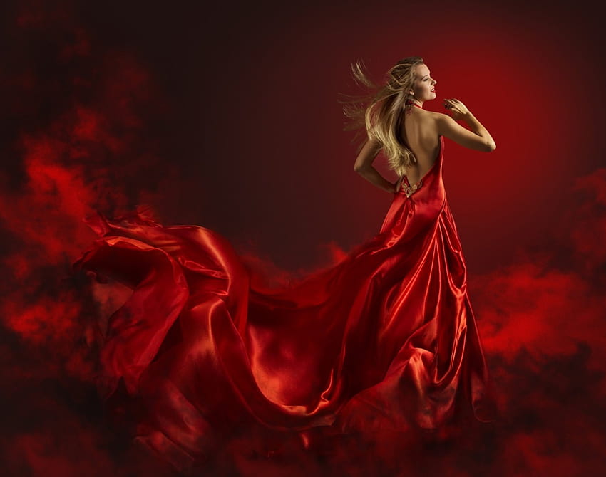 Fire, waving, flames, fashion, fantasy, blowing, red, women, cloth, gown HD wallpaper