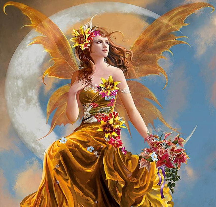 Golden Fairy, fairy, glowing, fantasy, light, magical, angel, girl HD wallpaper