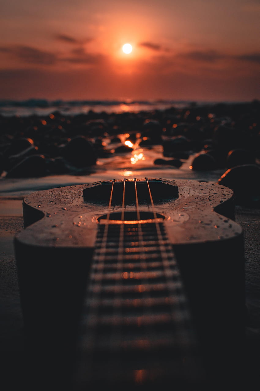Música, puesta de sol, crepúsculo, playa, anochecer, guitarra, ukelele fondo de pantalla del teléfono