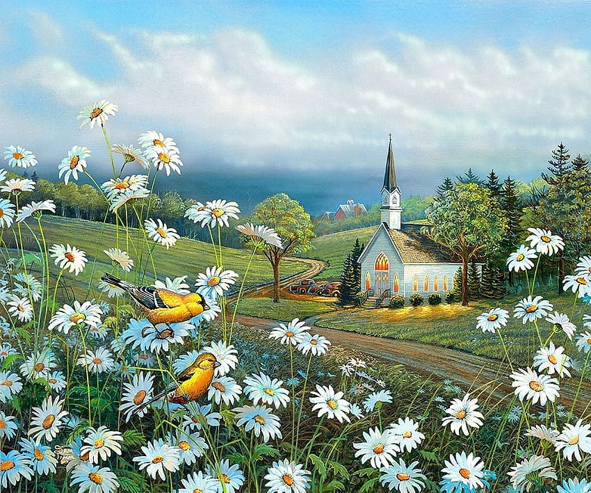 春、花、教会、春 高画質の壁紙