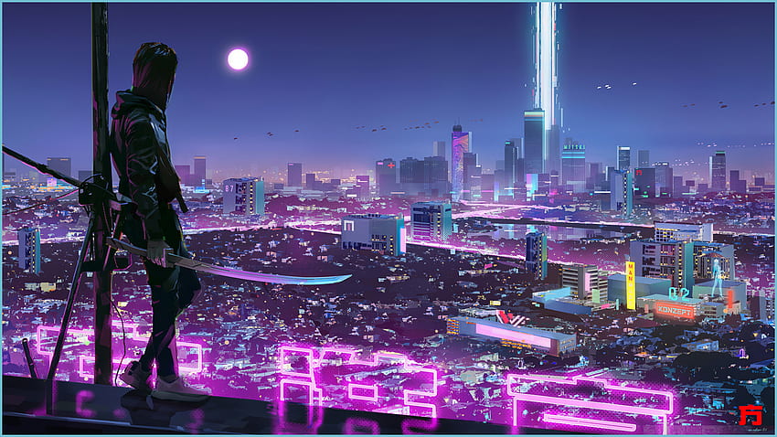 Ninja Katana Sci Fi City Neon Lights Fondo De Pantalla 9k Ultra Neon Wallpaper HD