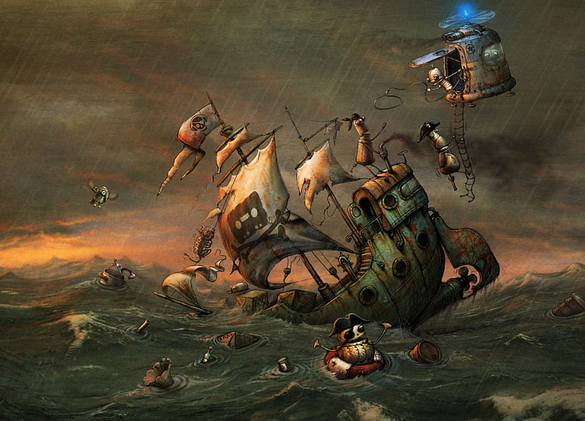 Steampunk, obras de arte, veleiro, navio, piratas, tempestade, oceano papel de parede HD