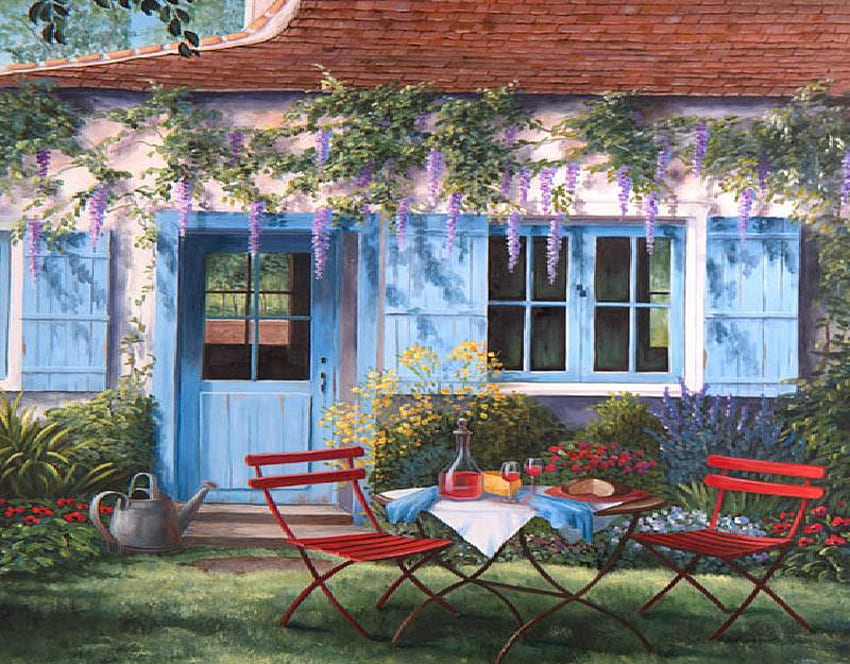 La Port Bleu, biru, meja, jendela, rumah, rumput, keju, piring, kursi, serbet, pintu, tanaman merambat, gelas, kaleng air, anggur Wallpaper HD
