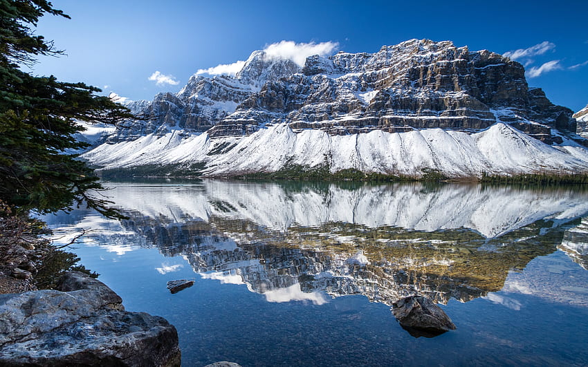 クロウフット山 ボウ湖の反射、雪、自然、カナダ、湖、山 高画質の壁紙