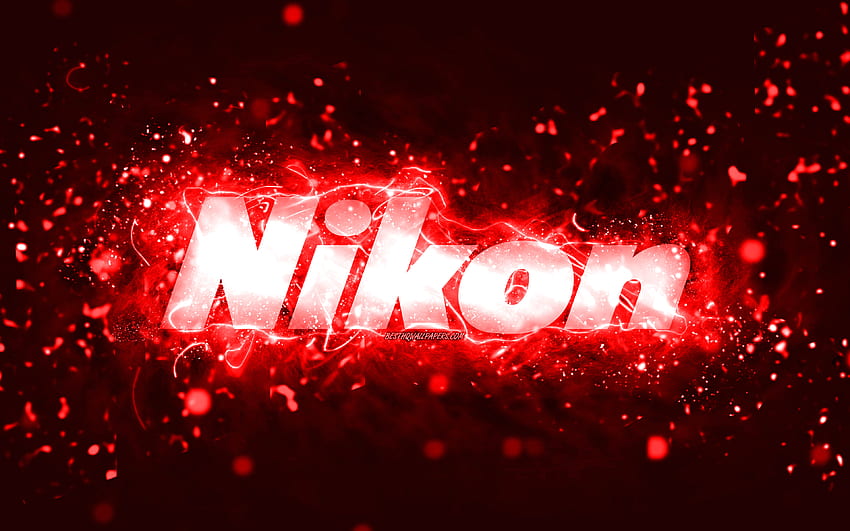 Nikon red logo, , red neon lights, creative, red abstract background, Nikon logo, brands, Nikon HD wallpaper
