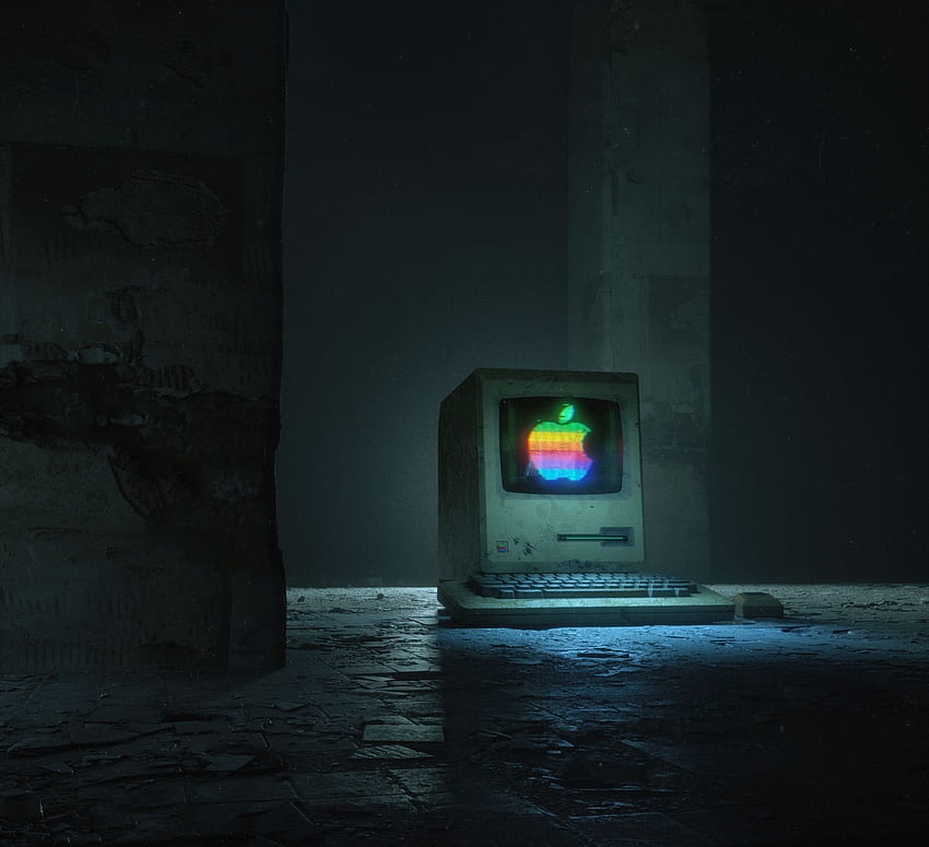 Компютър Apple, лого на Apple, ретро, ​​тъмно, графика CGI HD тапет