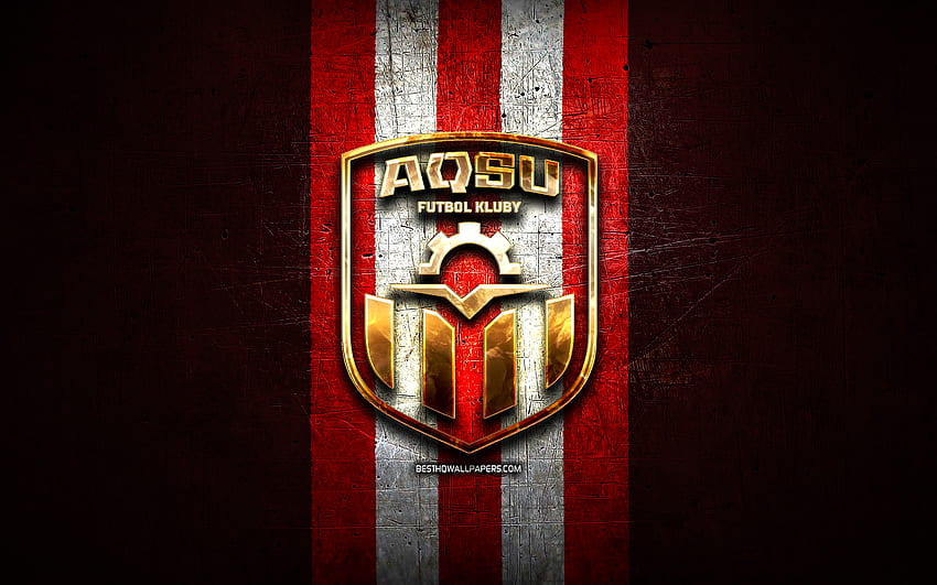 Aksu FC, golden logo, Kazakhstan Premier League, red metal background, football, Kazakh football club, Aksu FC logo, soccer, FK Aksu HD wallpaper