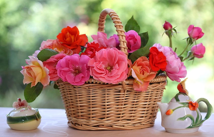 Цветя, рози, размазване, гладкост, маса, кошница, порцелан HD тапет