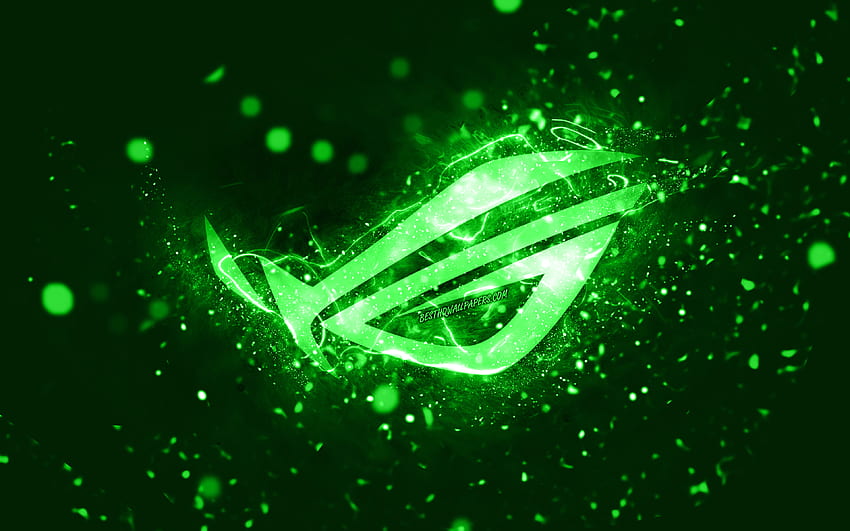 Rog green logo, , green neon lights, Republic Of Gamers, creative, green abstract background, Rog logo, Republic Of Gamers logo, Rog HD wallpaper