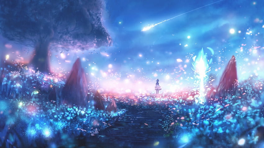 Anime Landscape, Particles, Scenic, Blue Anime Landscape HD wallpaper