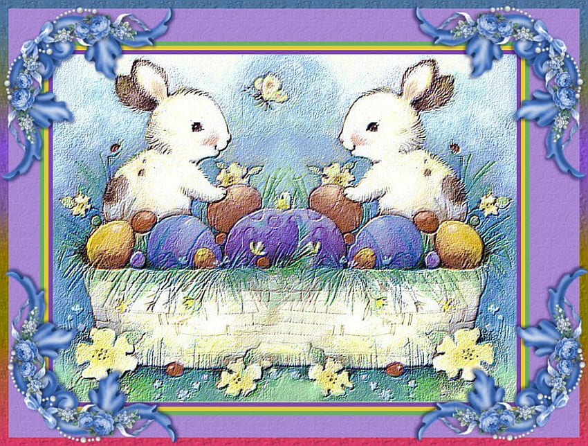 Selamat Paskah Teman, biru, keranjang, kelinci, cokelat, paskah, telur Wallpaper HD