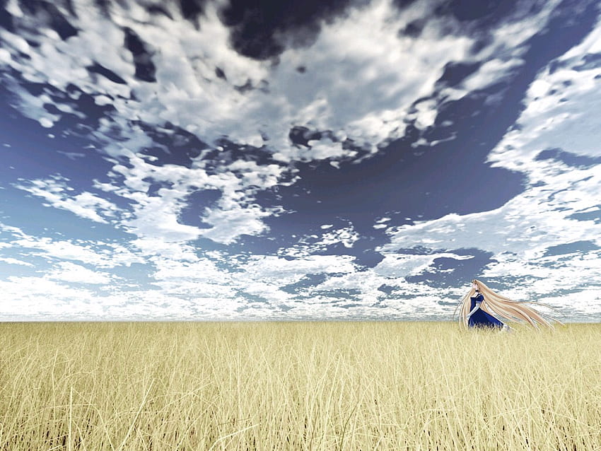Fields of Hope, azul, dorado, cabello largo, cabello dorado, anime, campo, juego, tsukihime, cielo, arcueid fondo de pantalla