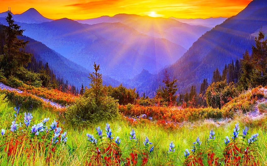Невероятна красива планина - фон на природата -, планински изгрев HD тапет