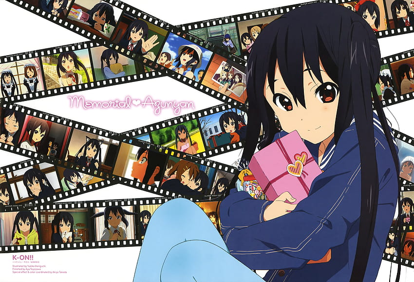 Nakano Azusa, brown eyes, smile, present, black hair, long hair, twin tails, candy, film strip, heart, solo, k-on HD wallpaper