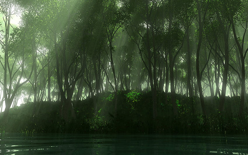 Слънчева светлина през дървета при река WDS , слънце, хълмове, изкуство, гори, картини, корен, светлина, дървета, реки HD тапет