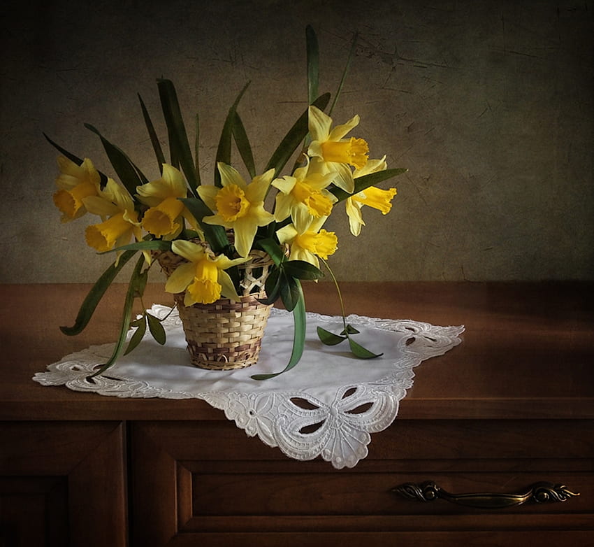 Spring still life with daffodils, Yellow, Flowers, Daffodils, Basket HD wallpaper