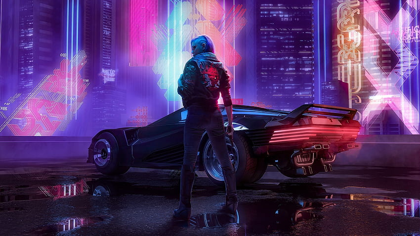 Cyberpunk 2077, момиче с кола, арт HD тапет