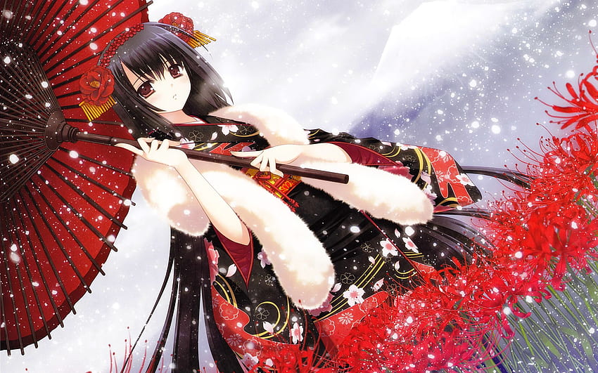 Anime girl, long hair, kimono, moe, cute, gloves, flowers, Anime, HD phone  wallpaper