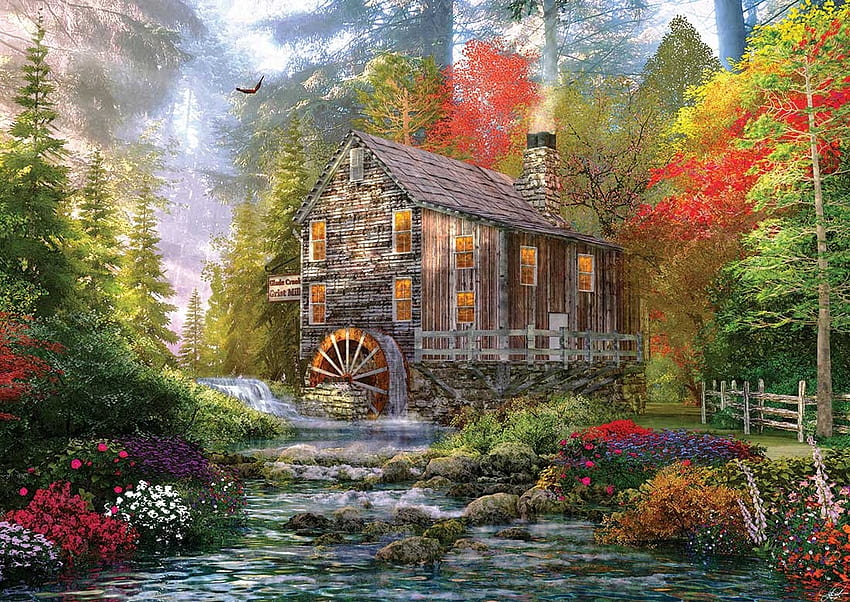 Autumn Mill House, есен, пъзел, мелница, къща HD тапет