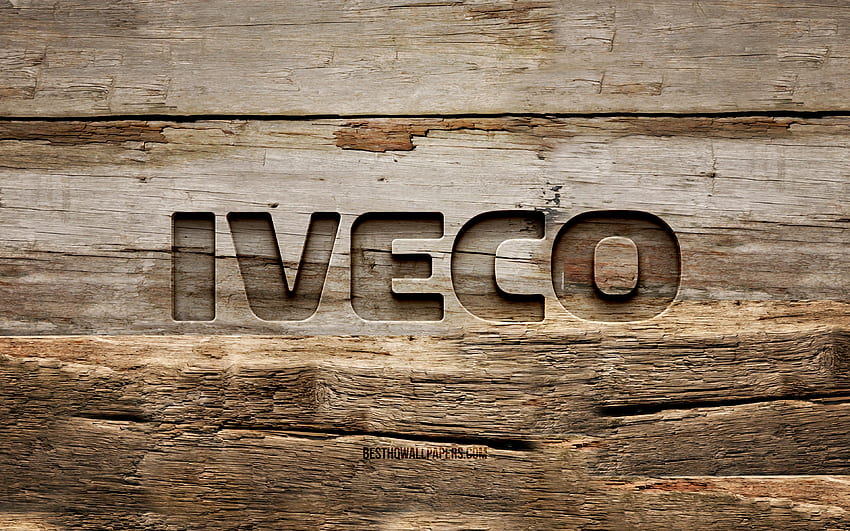 Iveco 木製ロゴ, , 木製の背景, 車のブランド, Iveco ロゴ, クリエイティブ, 木彫り, Iveco 高画質の壁紙
