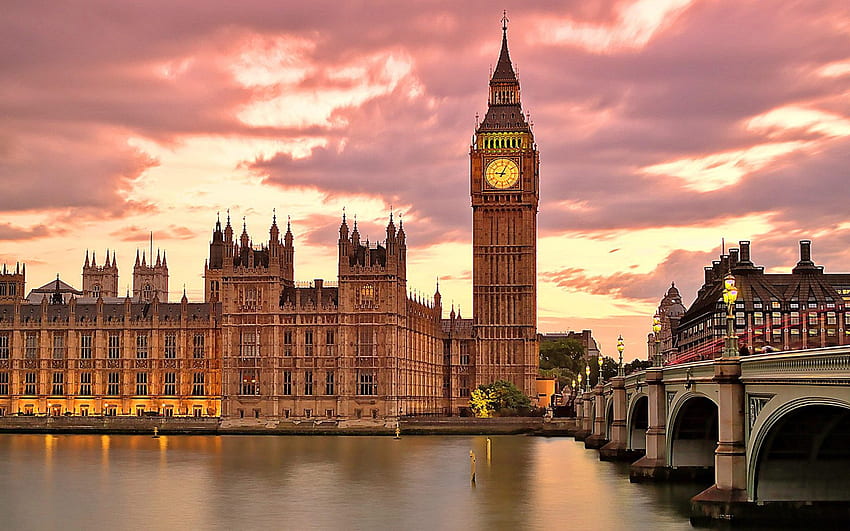 Биг Бен Голям бял часовник в Лондонския дворец Уестминстърския мост над река Темза Залез Обединеното кралство за, Великобритания Естетика HD тапет