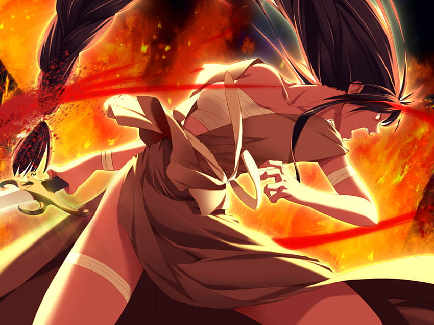 Mikomai, sword, flames, girl, long hair, weapons, bandages, anime girl, anime, brown hair, fire, blood, solo, open mouth, female HD wallpaper