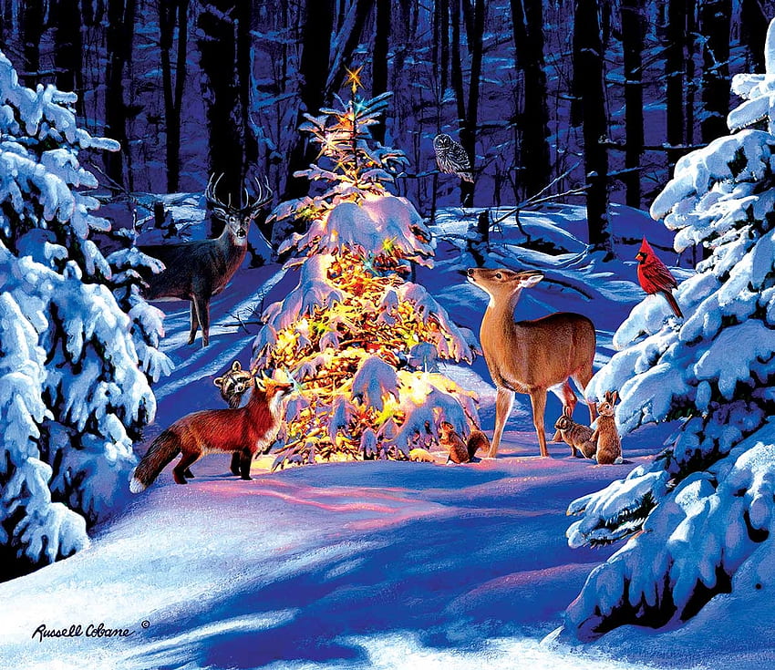 Woodland glow, blue, night, winter, animal, bird, craciun, art, vulpe, fox, russell cobane, tree, caprioara, painting, pictura, deer, christmas HD wallpaper