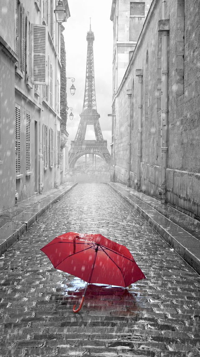 Paraguas rojo París Calle Día lluvioso Torre Eiffel iPhone 8 fondo de pantalla del teléfono