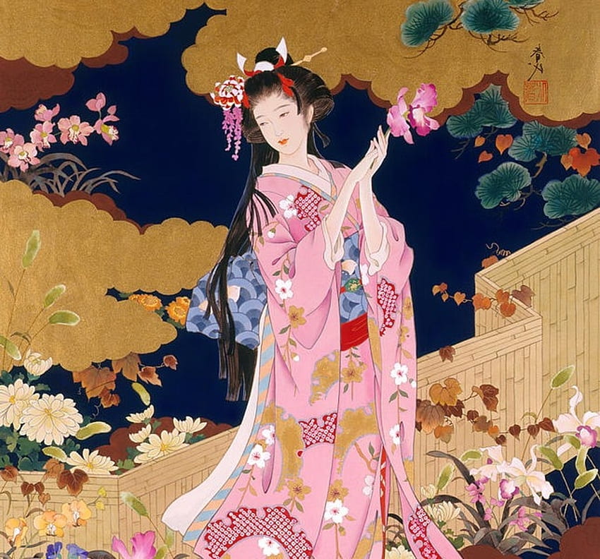 Geisha, haruyo morita, pink, kimono, art, asian, hagomoro, girl HD wallpaper