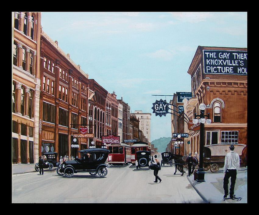 1934, viejos tiempos, edificios, fábricas, carros, calles, gente, tienda fondo de pantalla