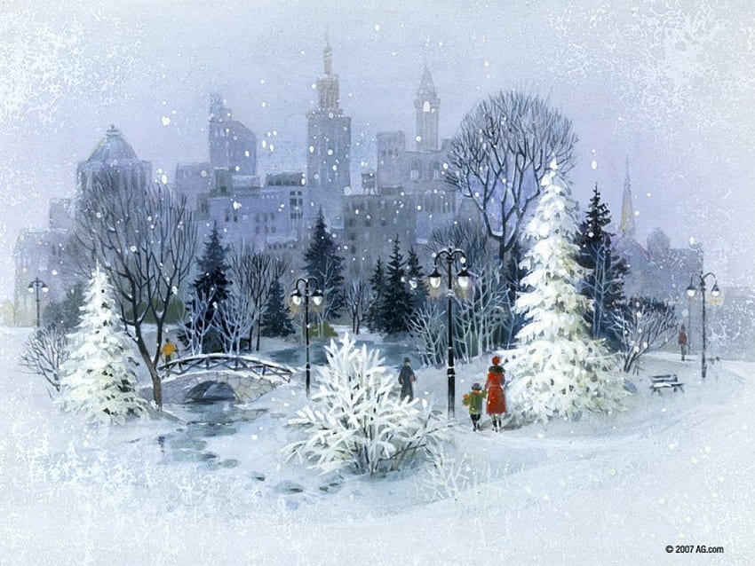 Winter, trees, town, snow HD wallpaper