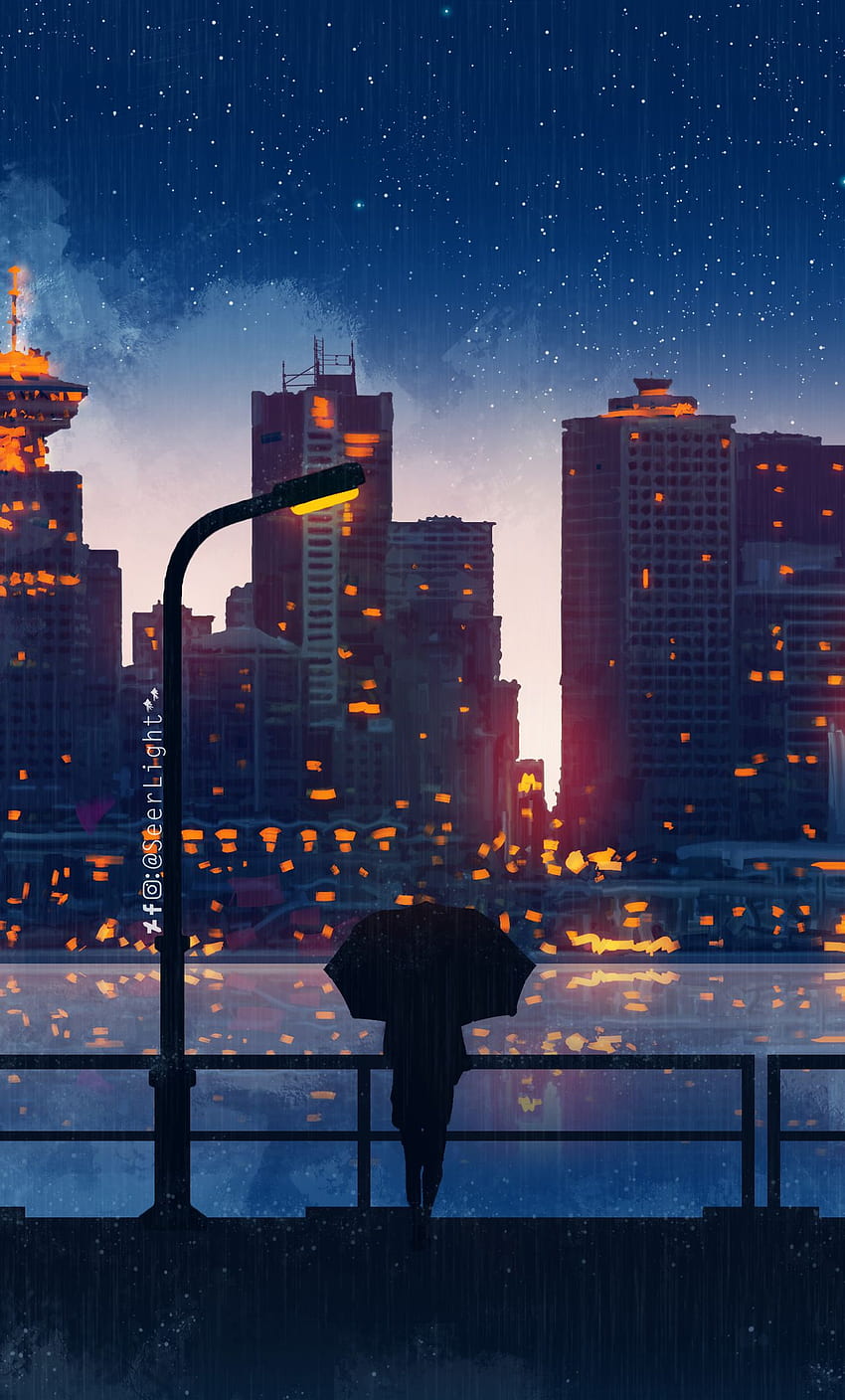 Anime City Lights Nacht Regen Regenschirm Himmel HD-Handy-Hintergrundbild