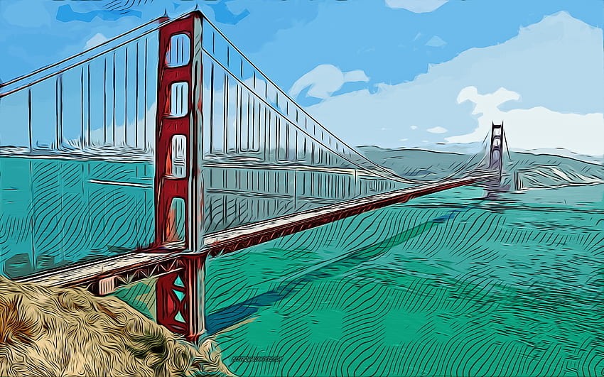 Golden Gate Bridge, San Francisco, , vector art, Golden Gate Bridge drawing, creative art, Golden Gate Bridge art, vector drawing, abstract cityscapes, USA HD wallpaper