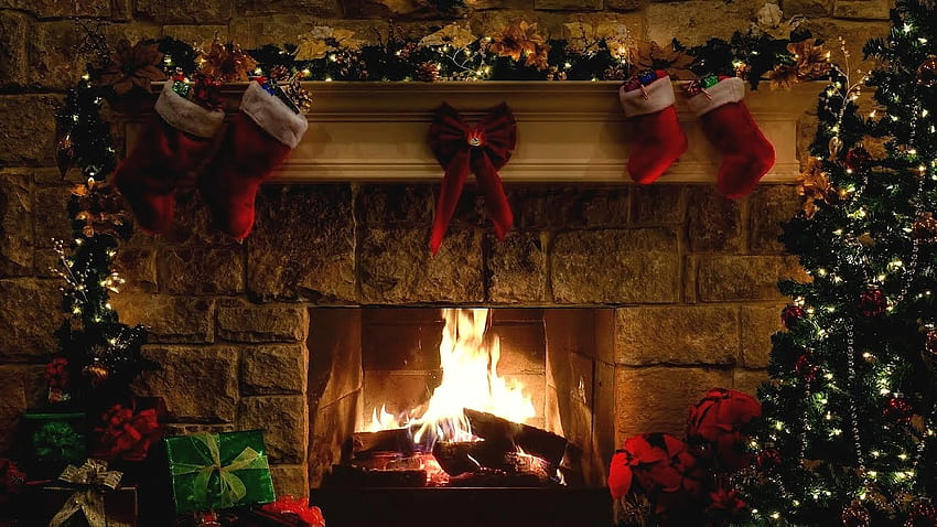 Scena del caminetto natalizio con suoni scoppiettanti del fuoco 6 ore, vecchio Natale estetico Sfondo HD