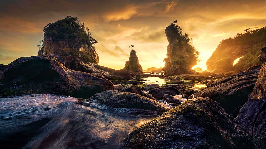 La costa perdida, Isla Sur, Nueva Zelanda, mar, nubes, cielo, rocas, piedras fondo de pantalla