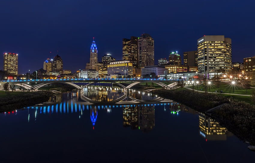 Home, Bridge, Night, The city, River, USA, Ohio, Columbus, Street ...