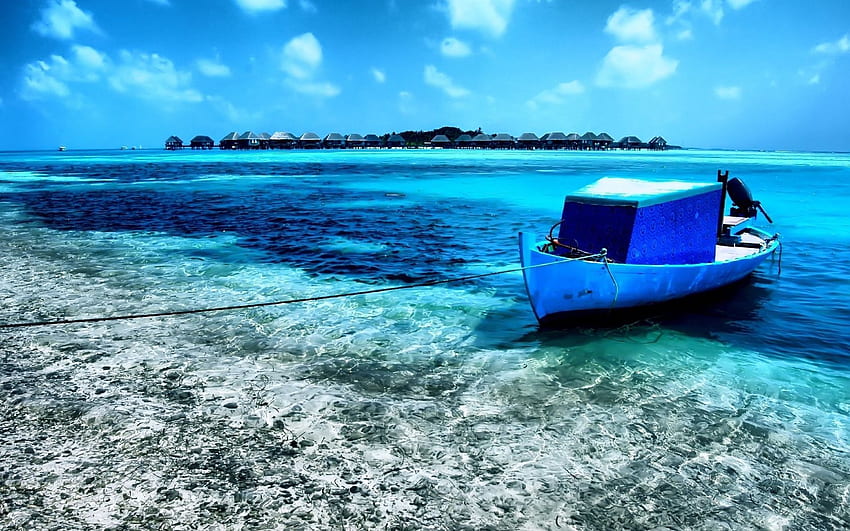 Natur, Ufer, Bank, Boot, Bucht, blaues Wasser, Seil HD-Hintergrundbild