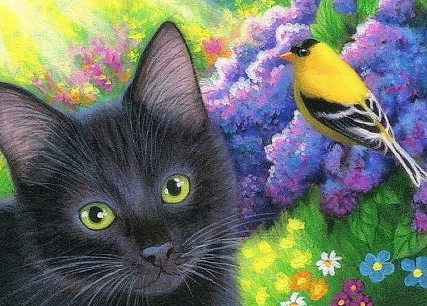 Noir et jaune, chat noir, oiseaux, attractions dans les rêves, chats, jardin, mignon, peintures, printemps, amour quatre saisons, animaux, dessiner et peindre, chardonneret, fleurs Fond d'écran HD