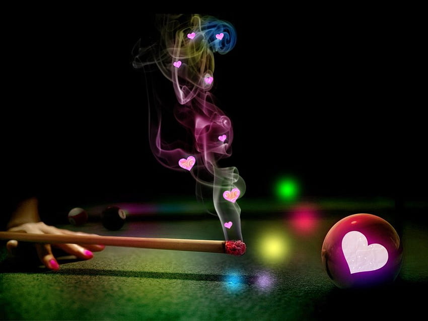 LOVE, game woman, hand, stick, ball, heat, nails, red, smoke, hearts, game, pool, fire HD wallpaper