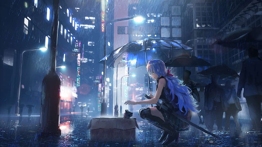 Rain Anime City Background Night HD wallpaper
