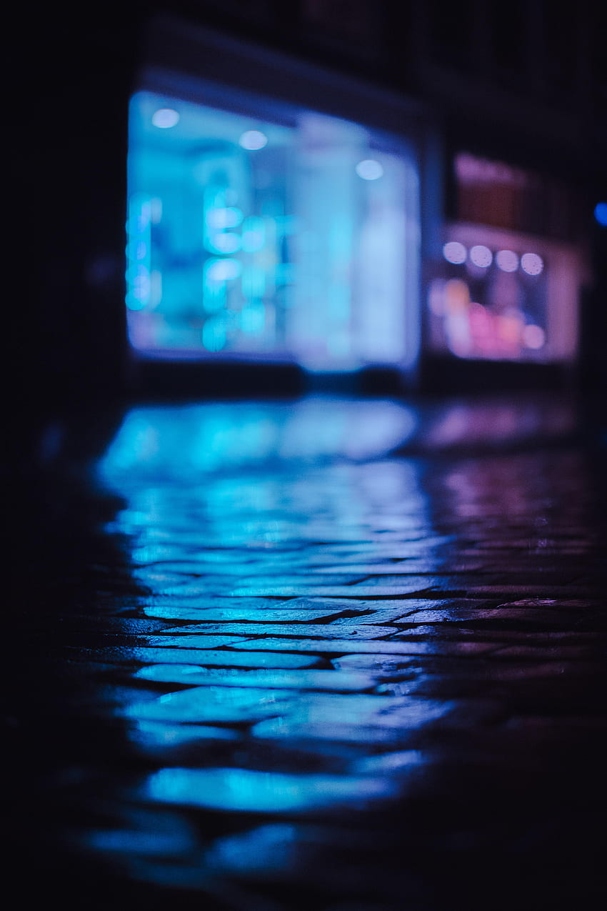 Night, Reflection, Dark, Neon, Street, Paving Stones, Sett HD phone wallpaper