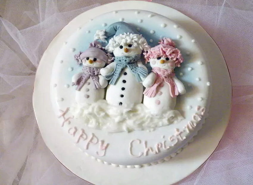 Pastel Christmas Cake, White, Christmas, Hats, Snowmen, Cake, Pink, Pastel, Blue HD wallpaper