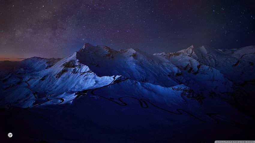 밤에 눈 덮힌 산, 밤에 눈 덮힌 산, 하늘, 자연, 별, 산 HD 월페이퍼