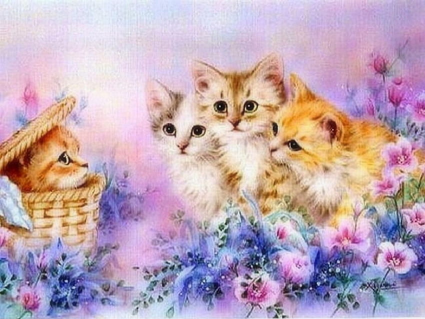 Kitty in a Basket, blue, pansy, basket, pink, four, kittens HD wallpaper