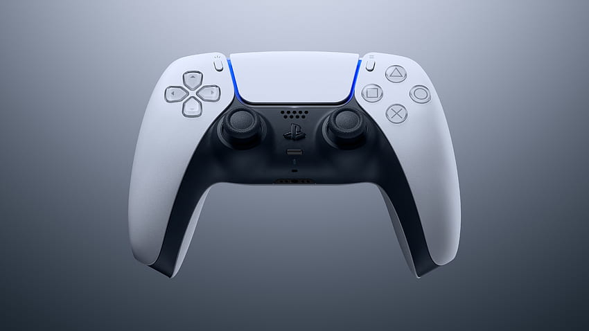 Controlador inalámbrico Playstation 5 Dual Sense, computadora, y logotipo de PlayStation 5 fondo de pantalla