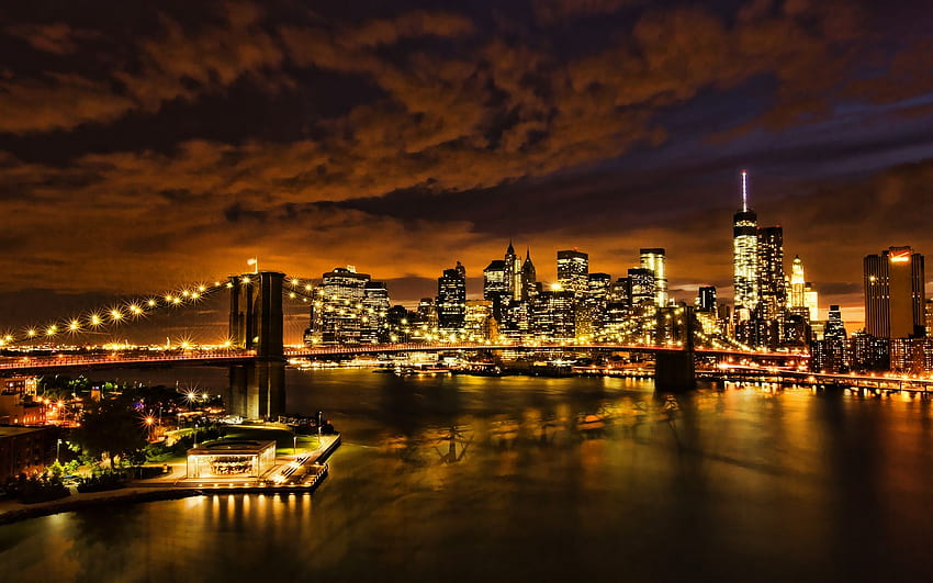 Nowy Jork nocą, Brooklyn Bridge, Manhattan Tapeta HD