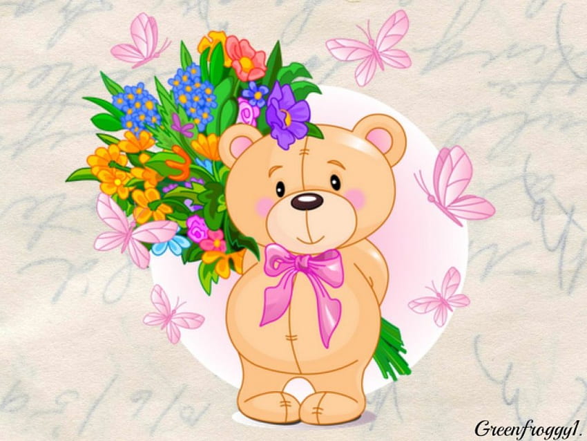 TEDDY AND FLOWERS FOR HIS MUM, TEDDY, FLOWERS, CREATION, ABSTRACT HD wallpaper