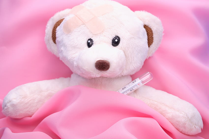 Teddybär, Verschiedenes, Sonstiges, Spielzeug, Bett, Krankheit, Krankheit, Pflaster, Pflaster, Thermometer HD-Hintergrundbild