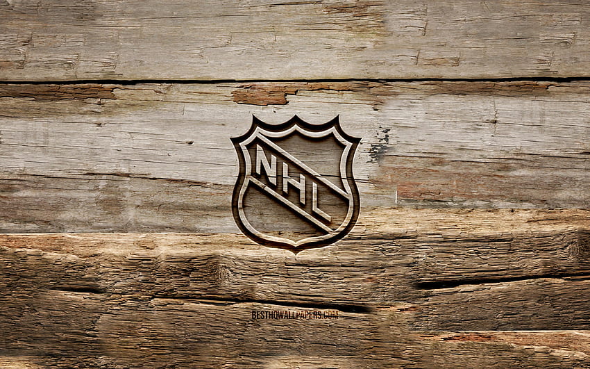 NHL wooden logo, , wooden backgrounds, National Hockey League, NHL logo, creative, wood carving, NHL HD wallpaper